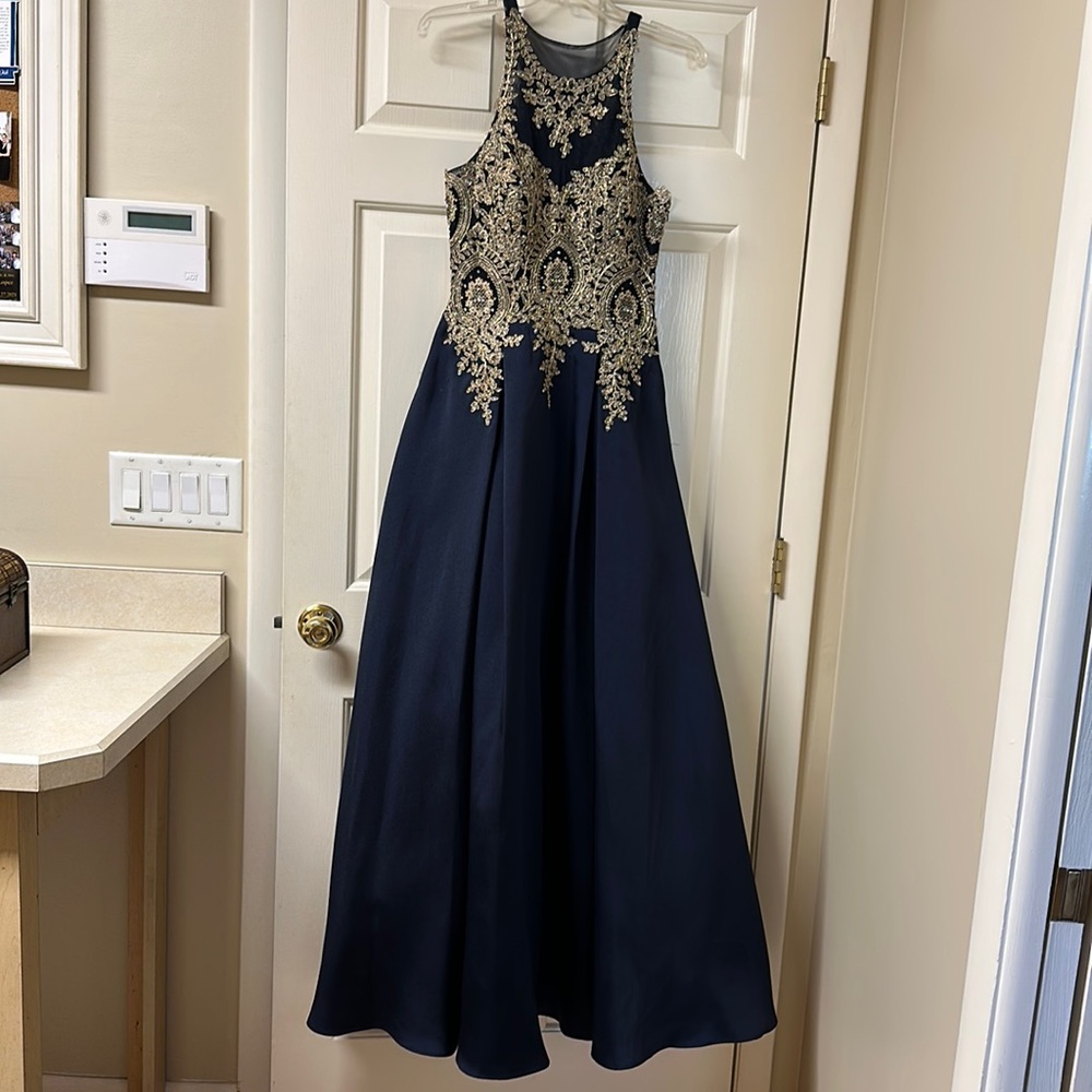Navy/Gold Bejeweled Long Dress